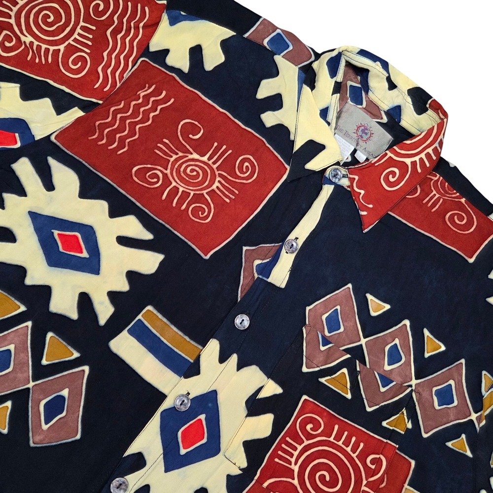 The Territory Ahead Shirt Mens L Rayon Abstract Tribal Aztec Button Up Vtg Style